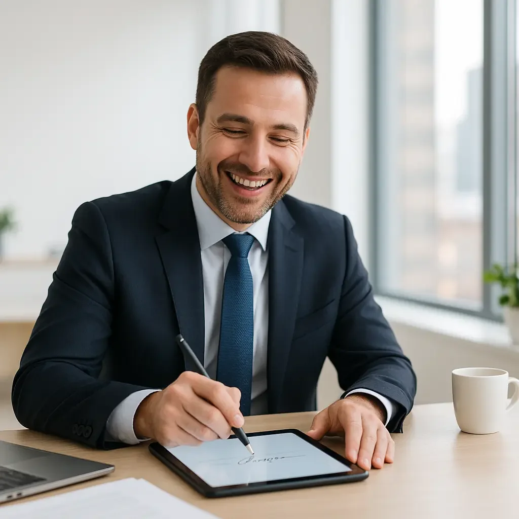 Empresario usando firma electrónica en una tableta